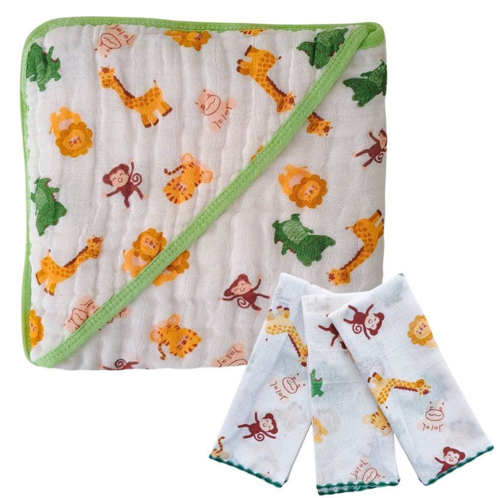 kit 1 Toalha Banho Soft Bebe Capuz Fralda Grossa + 3 paninhos boca 100% Algodão Menino Menina