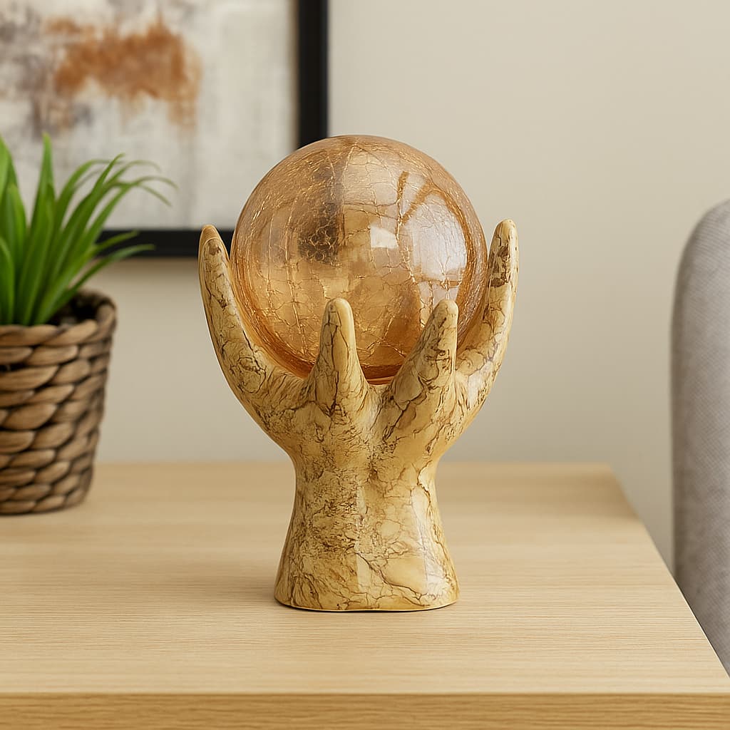 Estatueta Enfeite Decoração Centro de Mesa Sala Mãos Efeito Marmorizado + Esfera Bola Ambar Dourada