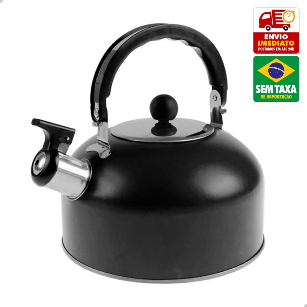 Chaleira Preta 2 Litros Com Apito Aço Inox Água Café Chá Wellmix WX12578