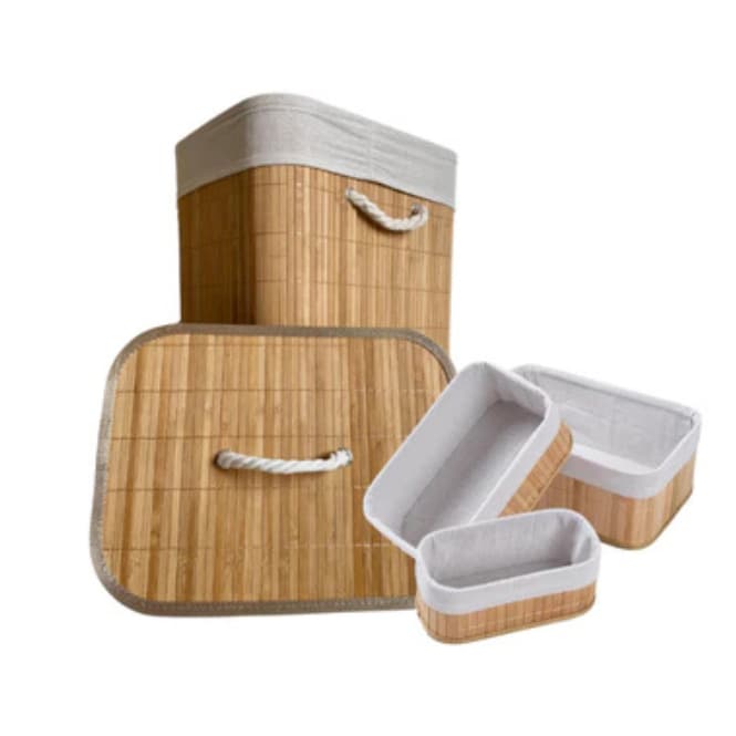 Cesto De Roupa Suja Bambu Com Tampa e Alças Forrado Organizador Grande