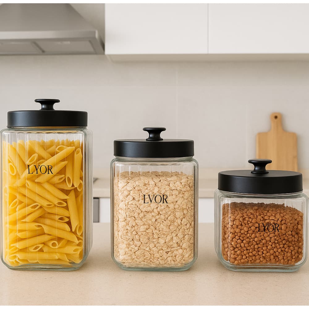 Pote de Vidro Lyor Armazenamento de Alimento Tampa Preta Cinza Vegas Pote de Vidro Hermético