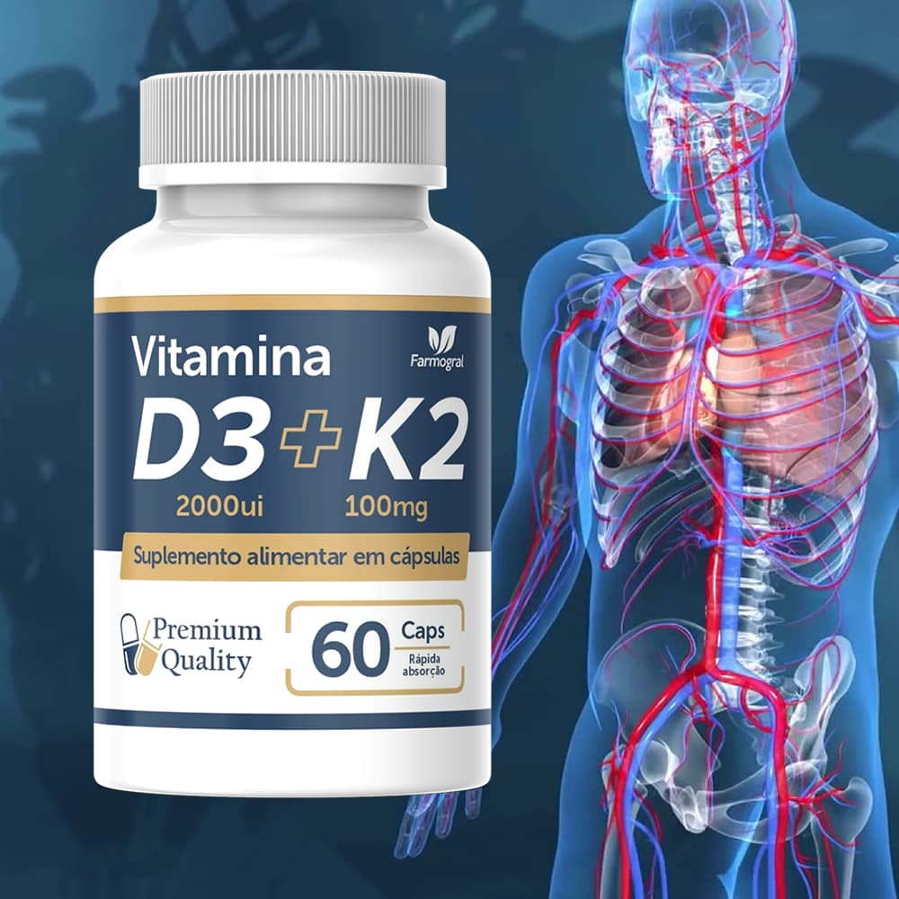 Vitamina D3 2000ui com Vitamina K2 MK7 - 60 cápsulas - Envio Imediato