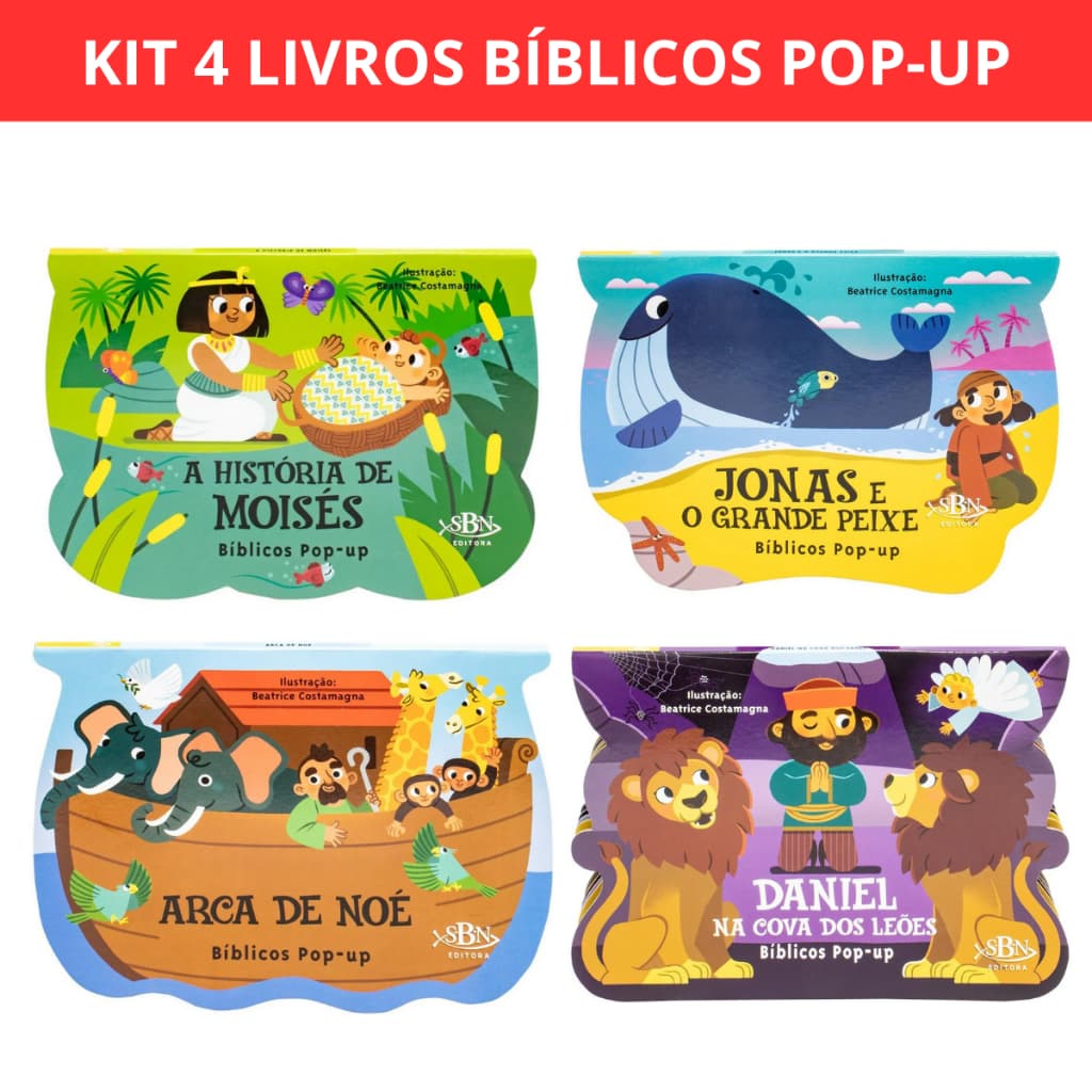 Kit 4 Livros Bíblicos Pop-up - Jonas e o Grande Peixe, A história de Moisés, Daniel na cova dos Leões, Arca de Noé
