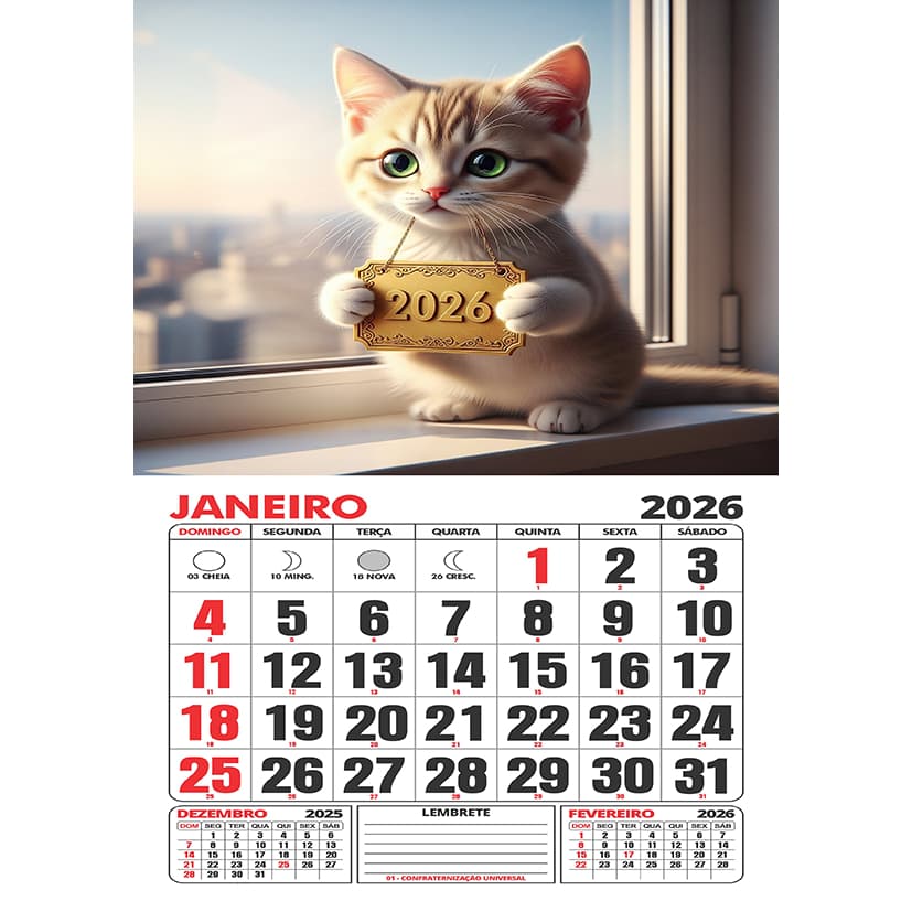 Folhinha 2026 - Calendário 2026 - Gatinhos