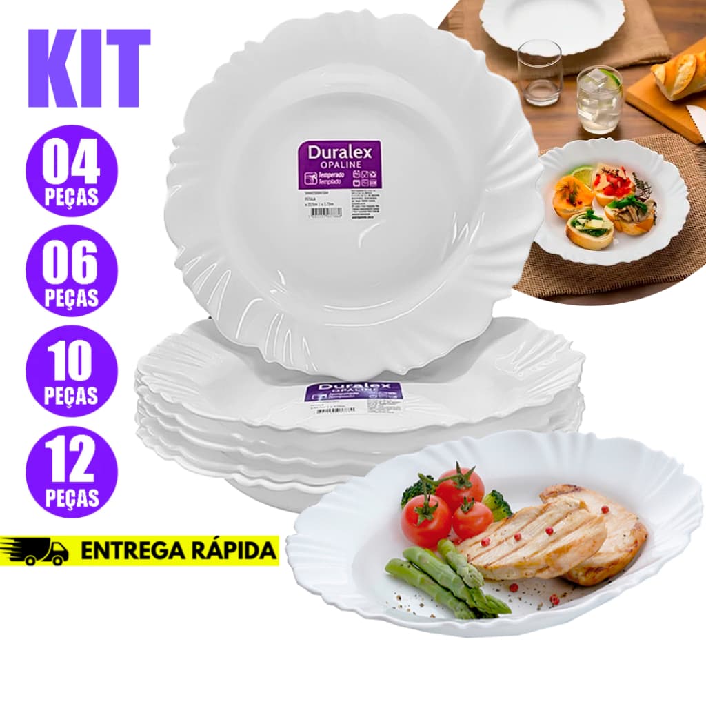 Kit 12/04 Pratos Vidro Fundo Duralex Pétala Opaline Redondo Brilhante Jantar e Almoço Buffet
