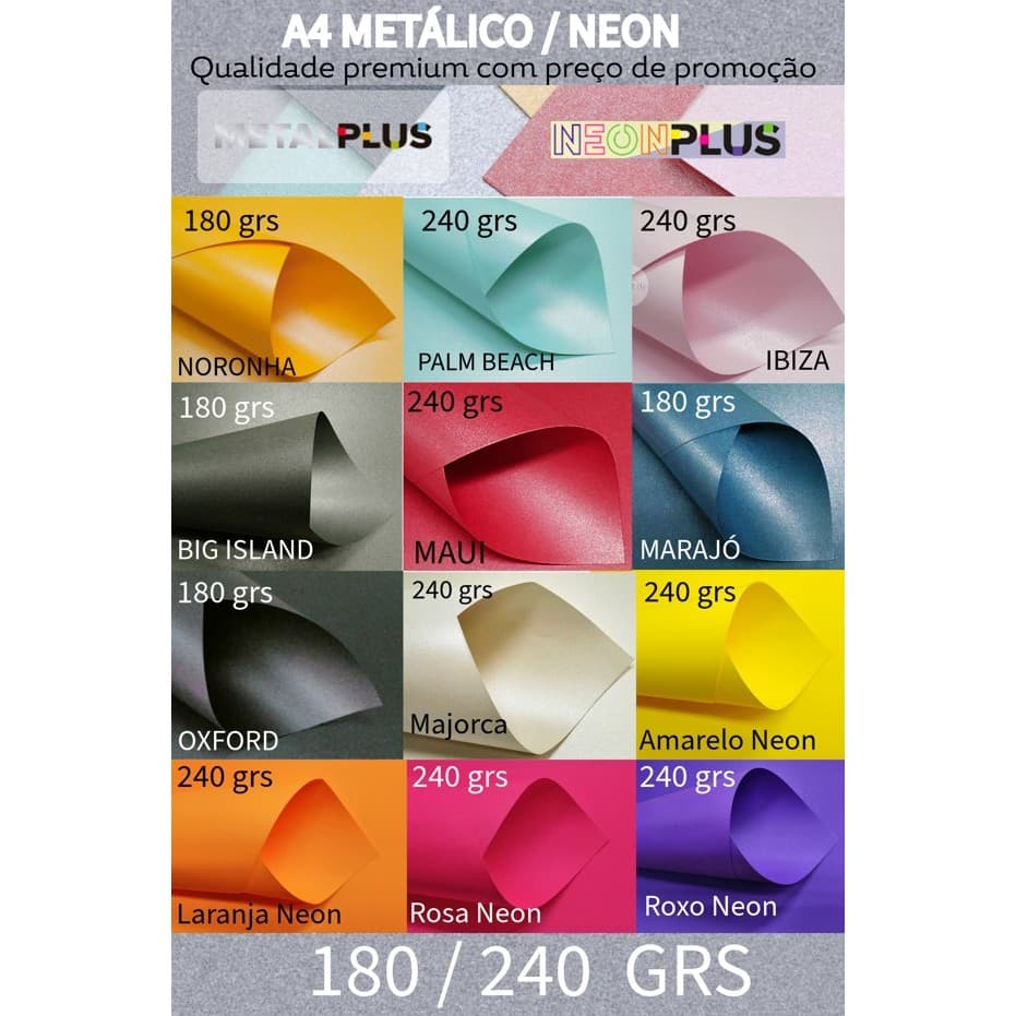Papel Color Plus Metalizado 180/240 Grs - 50 - 250 Unidades - Tamanho A4 - Escolha As Cores