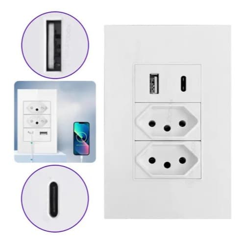 Tomada de Parede Dupla Com Entrada Usb e tipo C 5V Bivolt 4/1 Carregamento Rápido Multi Carregamento