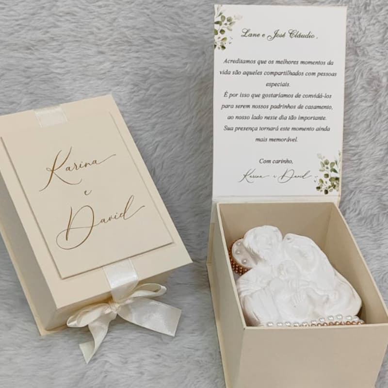 Caixa Convite para Padrinhos de Casamento + Sagrada Família 14 cm
