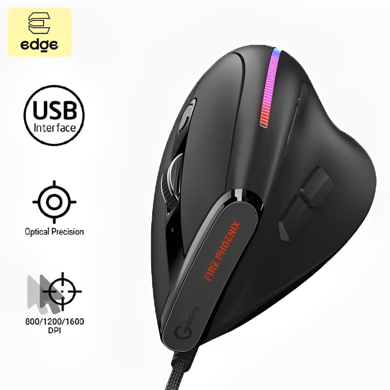 Mouse vertical com fio, 6 botões, com luz RGB, ajustável entre 3200-4800-12800 DPI, para computadores e laptops.