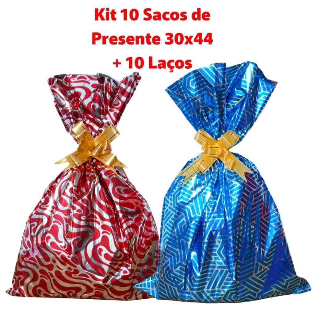 Kit 10 Sacos de presente 30x44 + 10 laços fácil