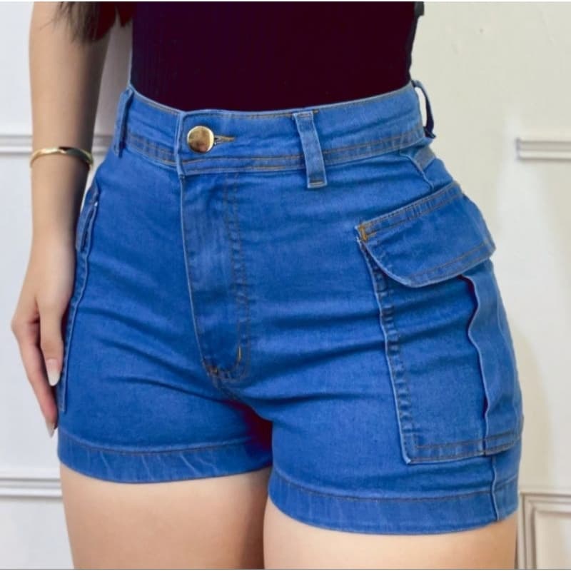 Short cargo Jeans feminino com lycra (estica) duas cores, cintura alta