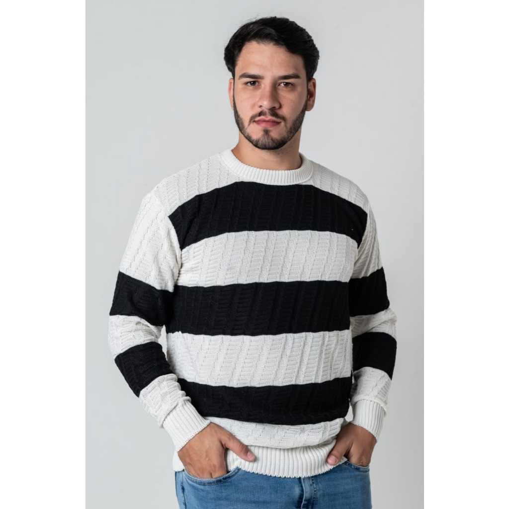Suéter Masculino Tricô Texturizado Listrado Gola Redonda Casual Travessada
