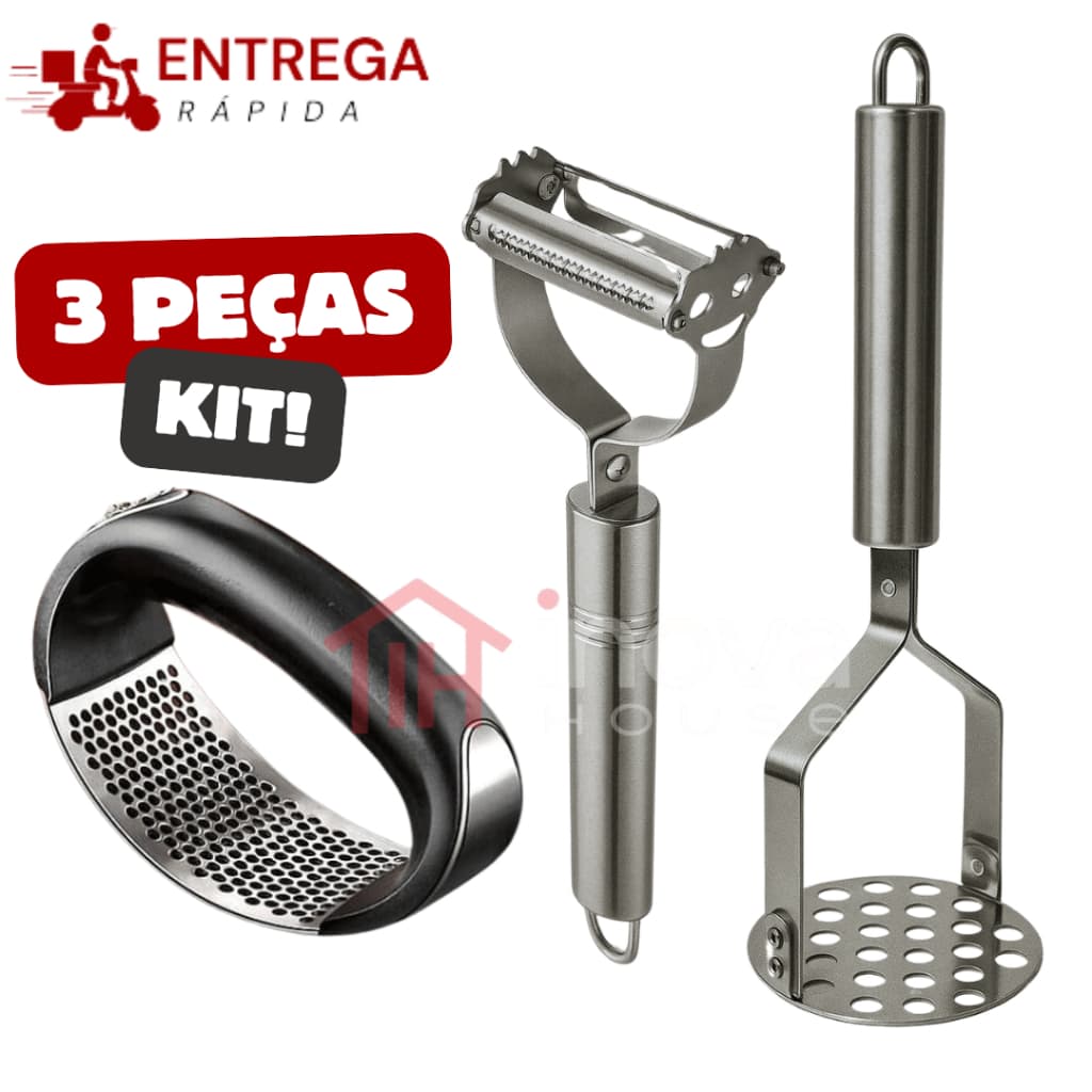 Kit 3 Peças Triturador de Alho Cortador de Legumes Descascador Amassador de Batata  Inox