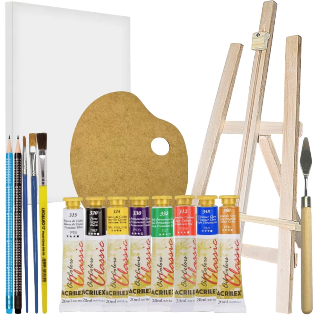 Kit Iniciante Pintura em Tela Tinta Oleo Cavalete Pincéis Espátula Paleta