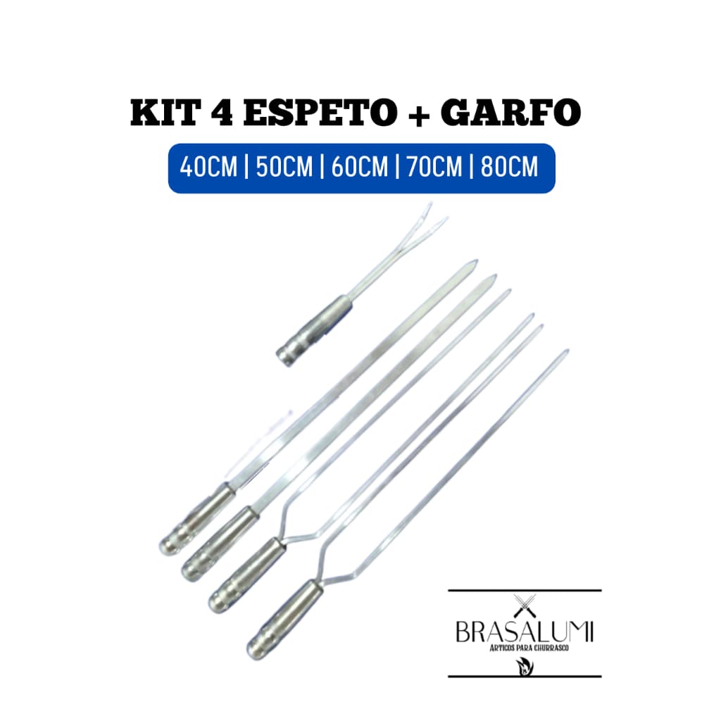 Kit 4 espetos de alumínio 40 cm para churrasco (2 duplo 2 chato) + Garfo de Alumínio