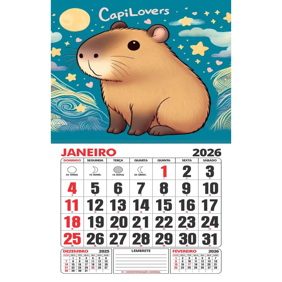Calendário/Folhinha artesanal de parede 2026 - CAPIVARA. Feriados e fases da lua. Leia a descrição!!!