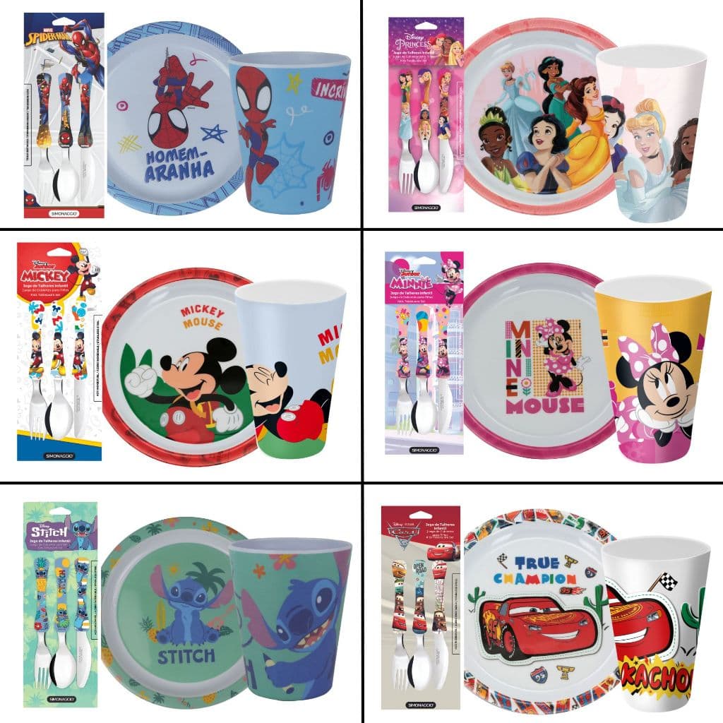 Kit Talher + Prato + Copo Infantil Disney Plástico BPA Free Criança Refeição Minnie Mickey Stitch