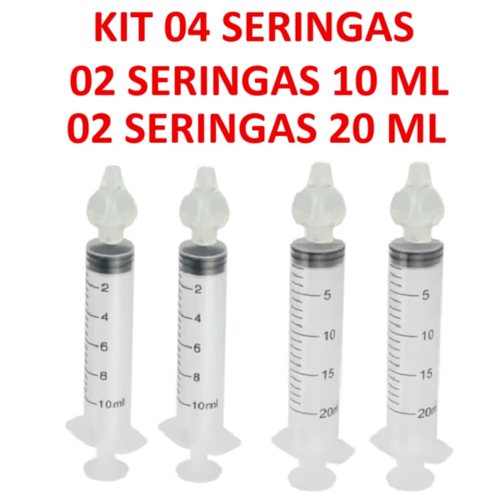 Kit 04 Seringas com Bico de silicone para Limpeza  Lavagem Nasal 02 seringas 10 ML e 02 seringas 20 ML Infantil e Adulto