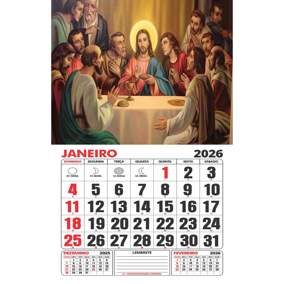 Calendário/Folhinha artesanal de parede 2026 - SANTA CEIA - Feriados e fases da lua. Leia a descrição!!!