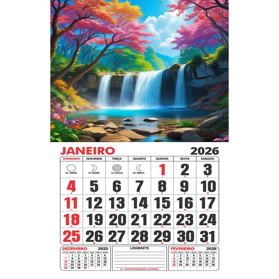 Calendário/Folhinha artesanal de parede 2026 - Paisagens/Natureza/Praia/Fazenda/Animais/Dinossauros.