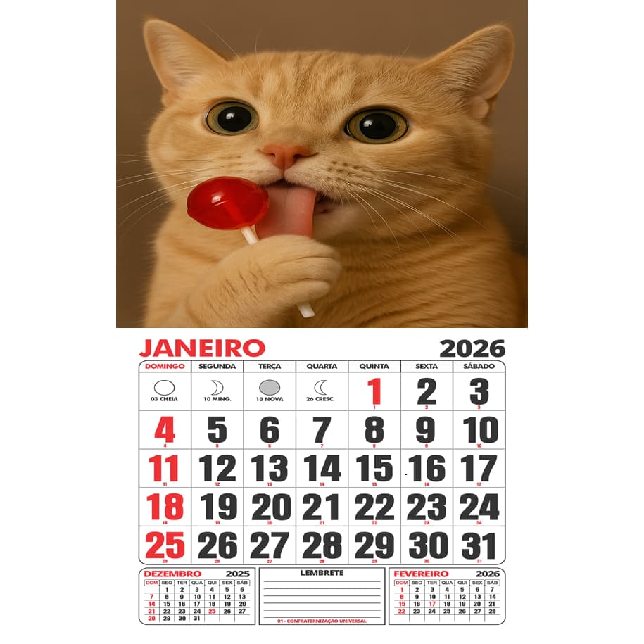 Calendário/Folhinha artesanal de parede 2026 - Dog/Gato/Coelho. Feriados e fases da lua. Leia a descrição!!!