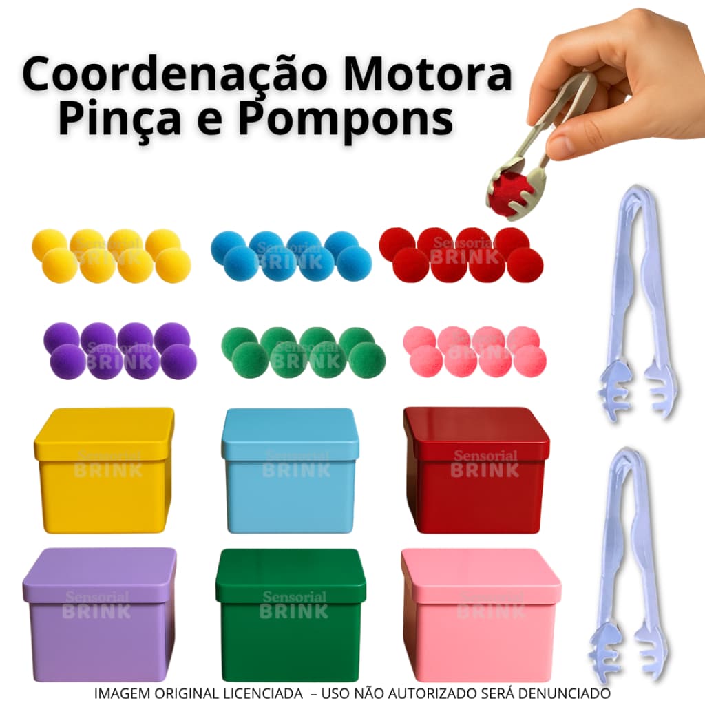 Coordenação Motora Montessori- KIT - Caixinhas das cores - Pinça e Pompons - Brinquedo Educativo Infantil - Montessori