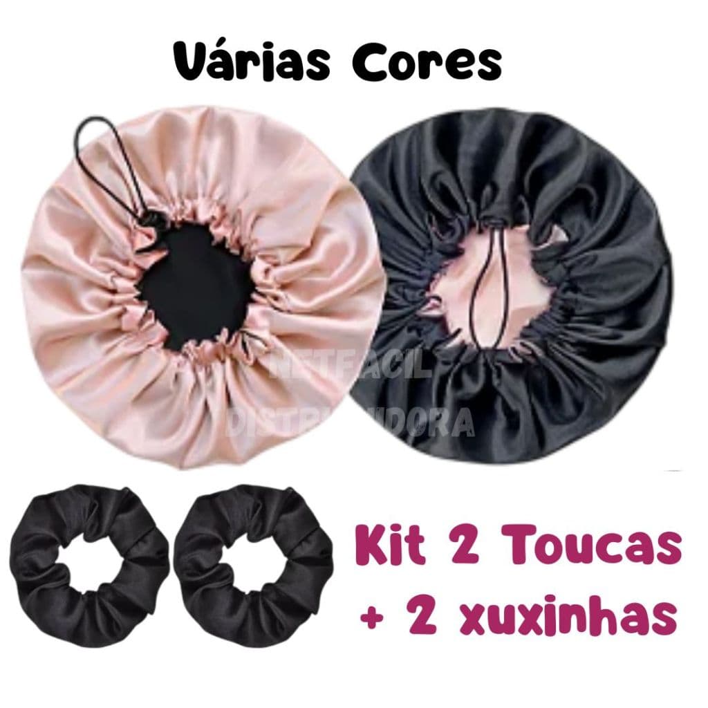 Kit com 2 Toucas de Cetim Dupla Face com Regulador + 2 Xuxinhas Promoção