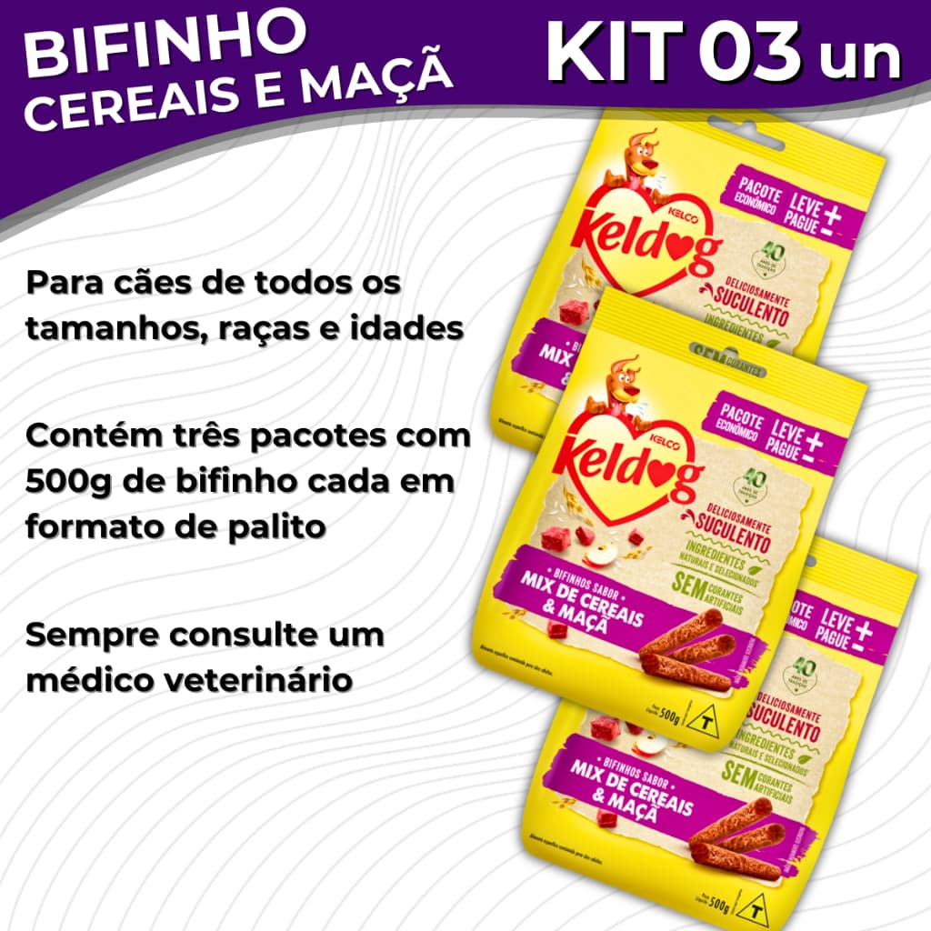 Petisco Bifinho Keldog Criadores Sabor Mix Cereais Vegetais  Kit 3 Unidades Cachorro 500g