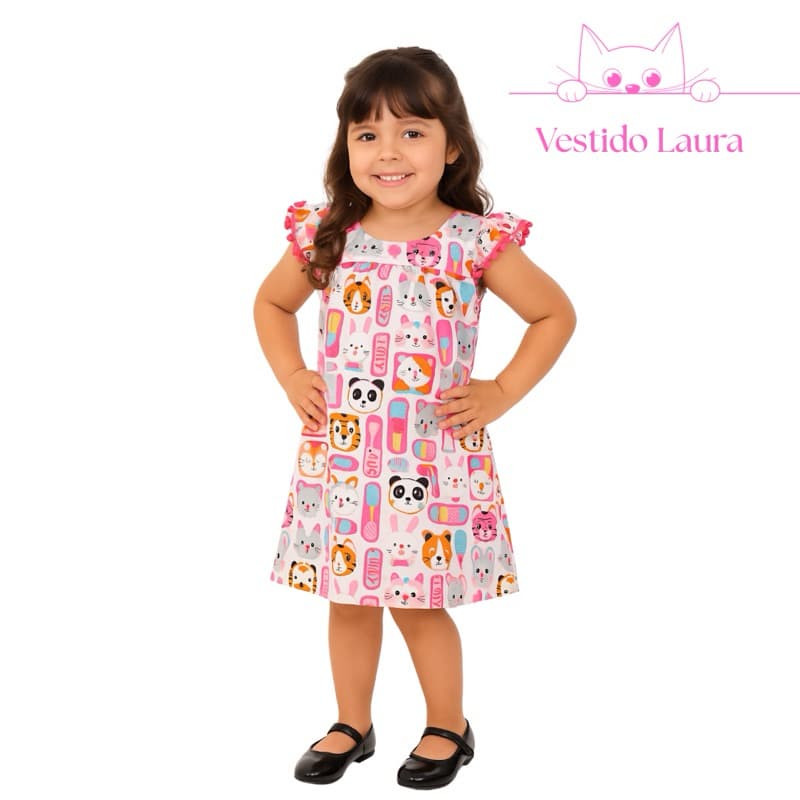Vestido Infantil Menina Rosa Floral Manga Bufante Vestido Verao Bordado Estampado Gatinho Luxo Vestido Midi Princesa