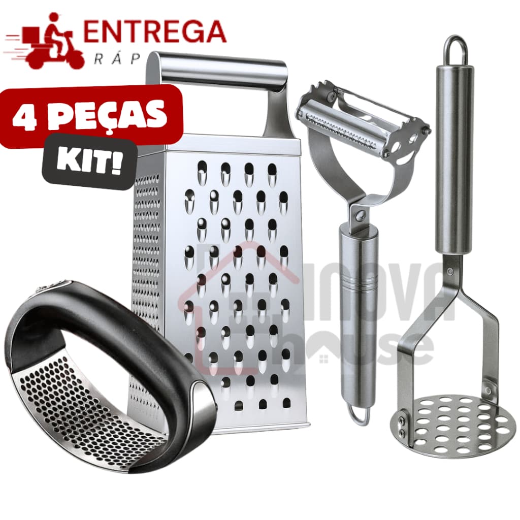 Kit 4 Utensílios para Cozinha Inox Triturador de Alho Descascador Legumes Amassador Batata Ralador