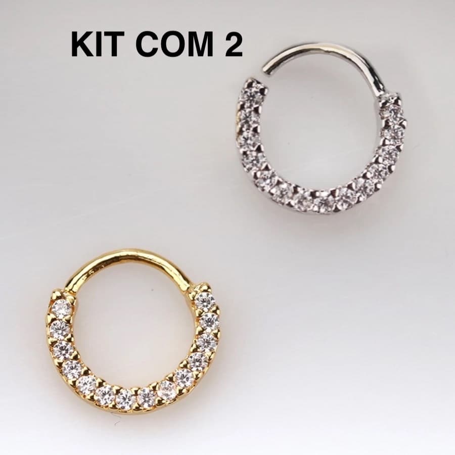 Kit 2 Piercing de Argolas Cravejadas Com Zircônia Prata e Dourado