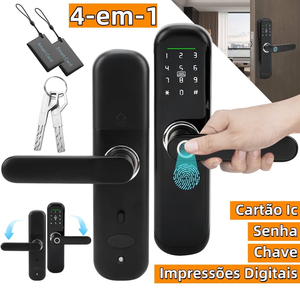 Fechadura Eletrônica Digital Casa/Hotel 4-em-1 Com Cartão Ic, Senha, Chave, Impressões Digitais