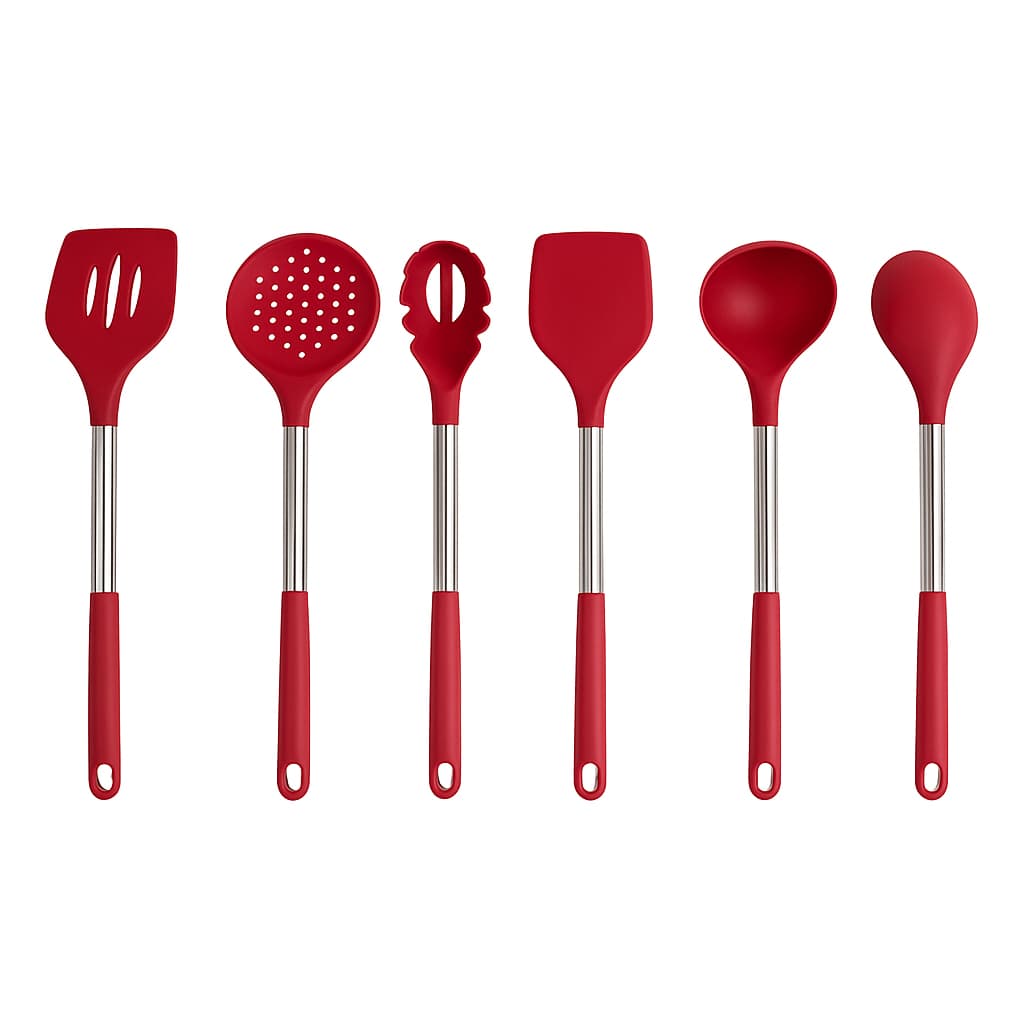 Kit 6 Utensílios de Cozinha - Silicone Premium Haste em Inox  Resistência até 230°C - Livre de BPA
