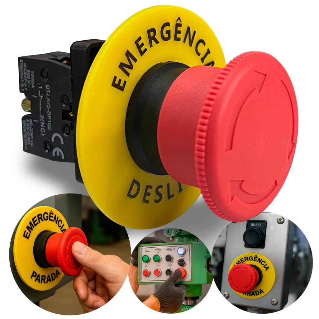 Kit Botão Emergência Cogumelo Com Trava 1nf Gira destrava 22mm + Placa De Emergência Amarela