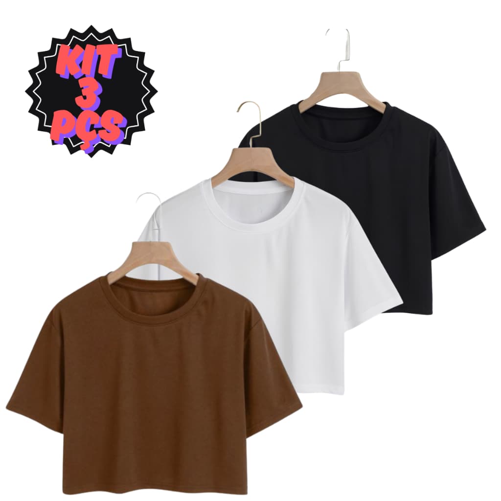 Kit 3 Blusa Cropped Feminina Larguinho Oversized T-Shirt Básica Liso Algodão Blusinha de academia