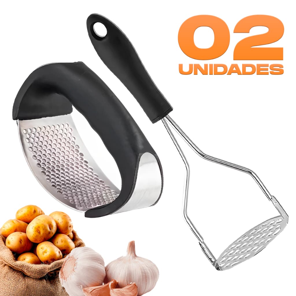 Kit com 02 Peças Espremedor de Alho e Amassador de Batata Aço Inox Cabo de PVC