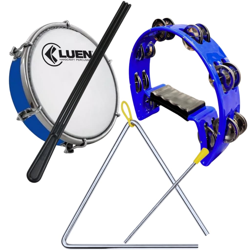 Kit Pandeiro Meia Lua + Triângulo + Tamborim LU  + Baqueta Tripla