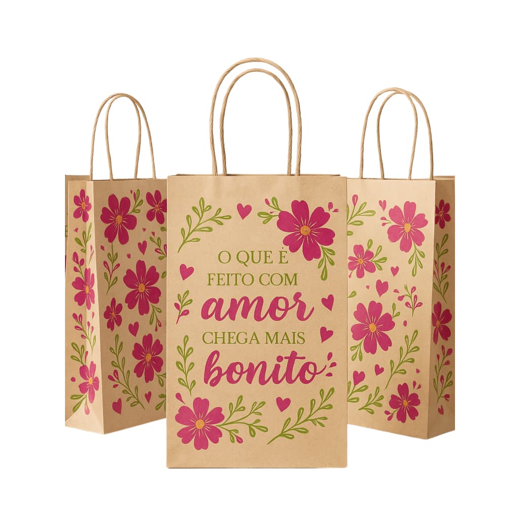 Sacola de Papel Kraft 18x30cm com Alça e Estampa Floral "Feito com Amor" Escolha a Quantidade
