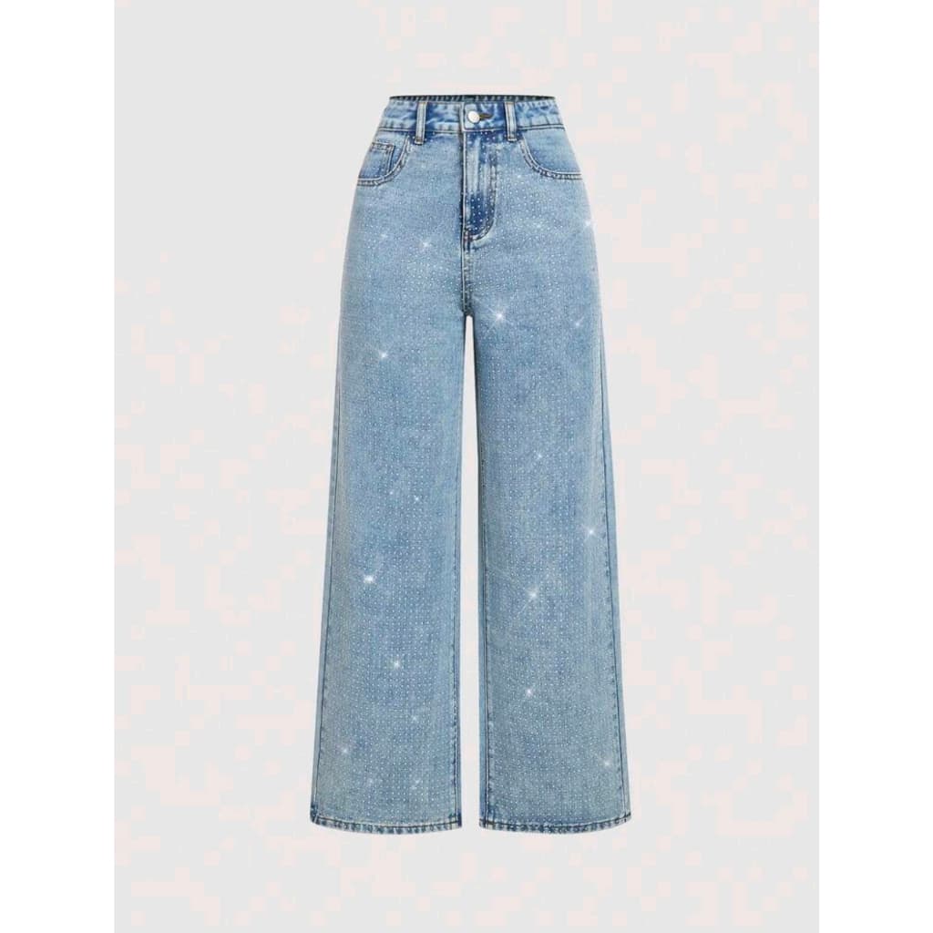 Calça Jeans Feminina Pantalona Wide Leg Com Bolsa Cintuta Alta Com Glitter