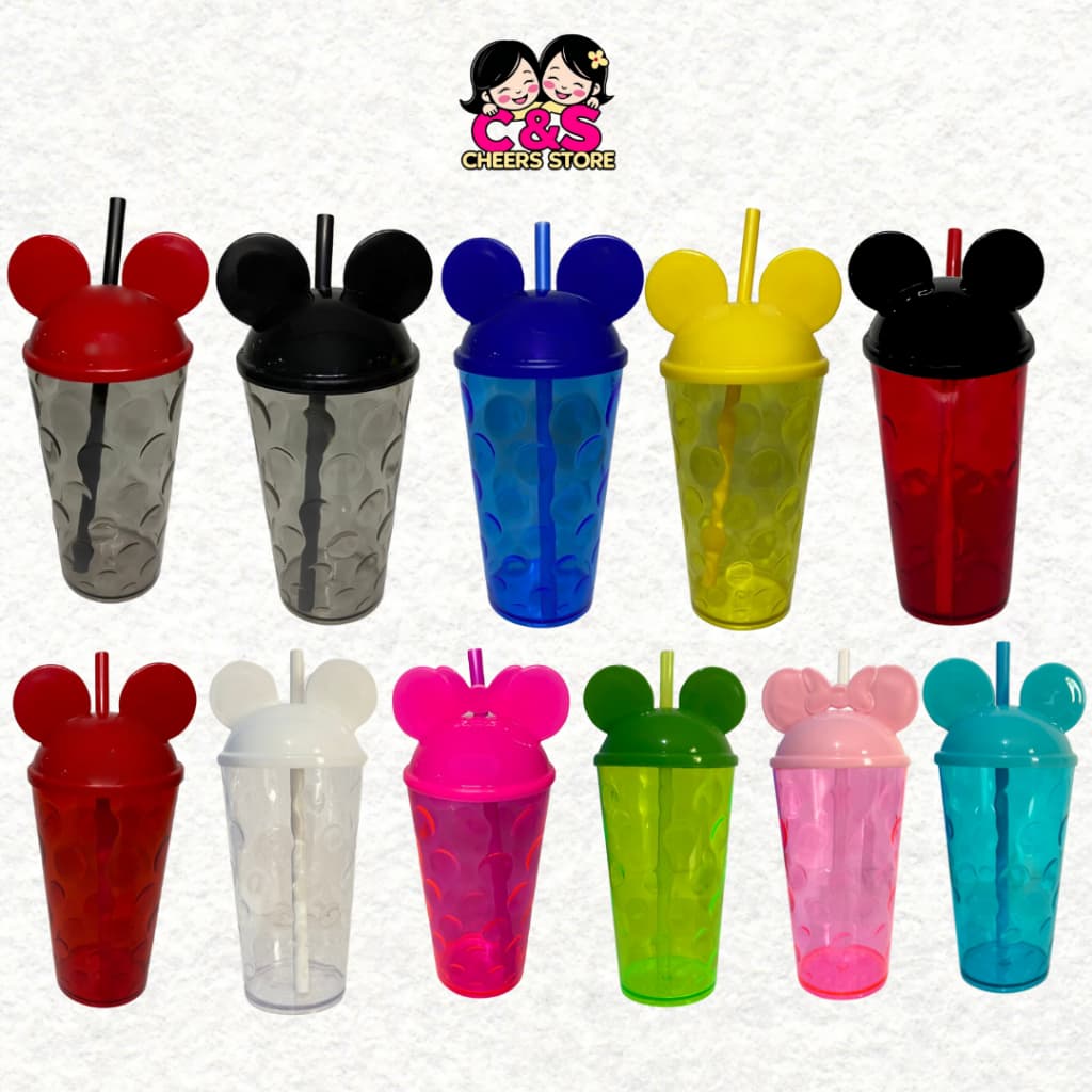 KIT COM 5 COPOS BOLHA  MICKEY ORELHA COM TAMPA E CANUDO 500ML FESTA -ANIVERSARIO-LEMBRANCINHA