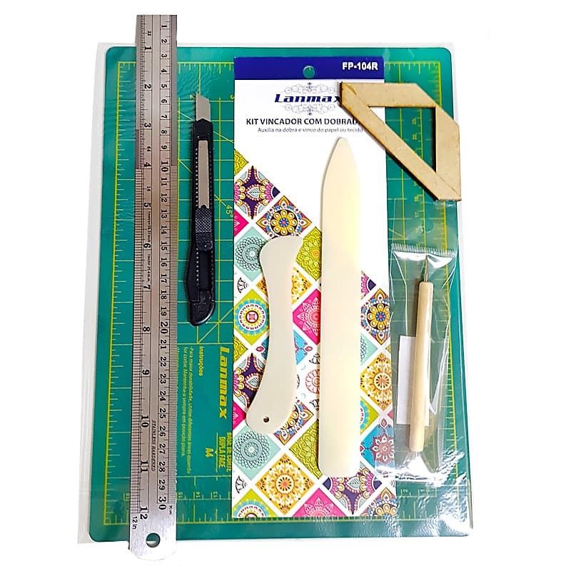 Base A4 Rosa Com Vincador Dobradeira Estilete Boleador Régua Aço 30 cm Estilete