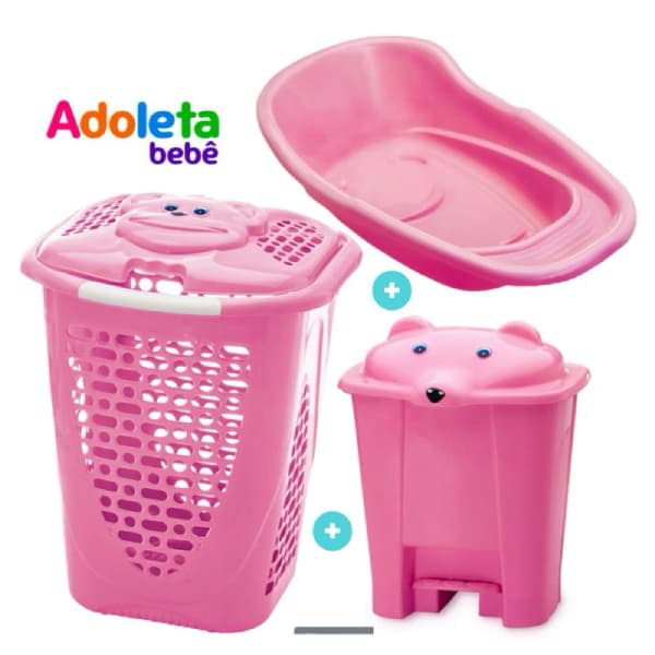 Kit bebê banheiro do bebê Banheira, Lixeira e Cesto de Roupa Infantil Banheira de bebe enxoval bebe-adoleta.
