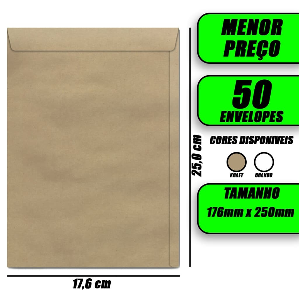 Envelope Saco Kraft de 80g 176mm x 250 mm 80g kit Com 50 Unidade Branco Pardo