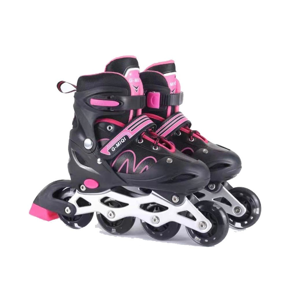 Patins Roller Inline Reto Preto Com Rosa Ajustavel ( Primeira Roda Com Led ) Black Friday