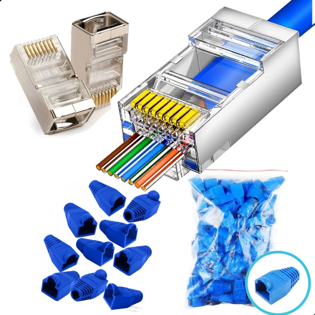 Conector Rj45 Blindado Vazado Cat5e Cat6 Ez-crimp Internet Rede LAN + Capas Silicones 10 20 30 PEÇAS