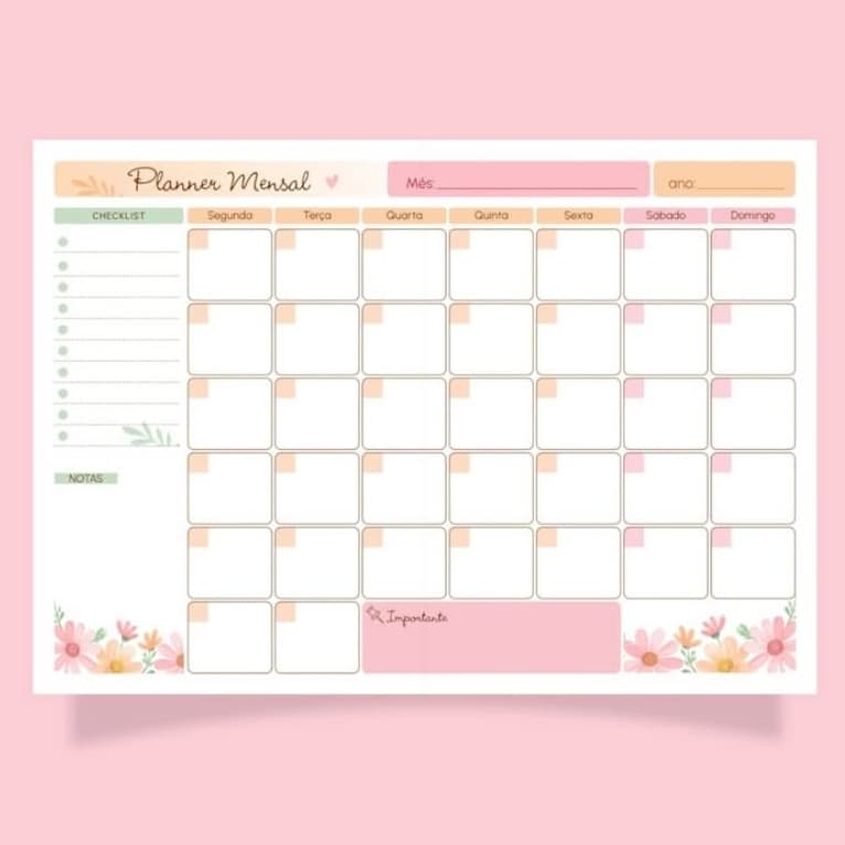 Planner Mensal Blocado A4  floral