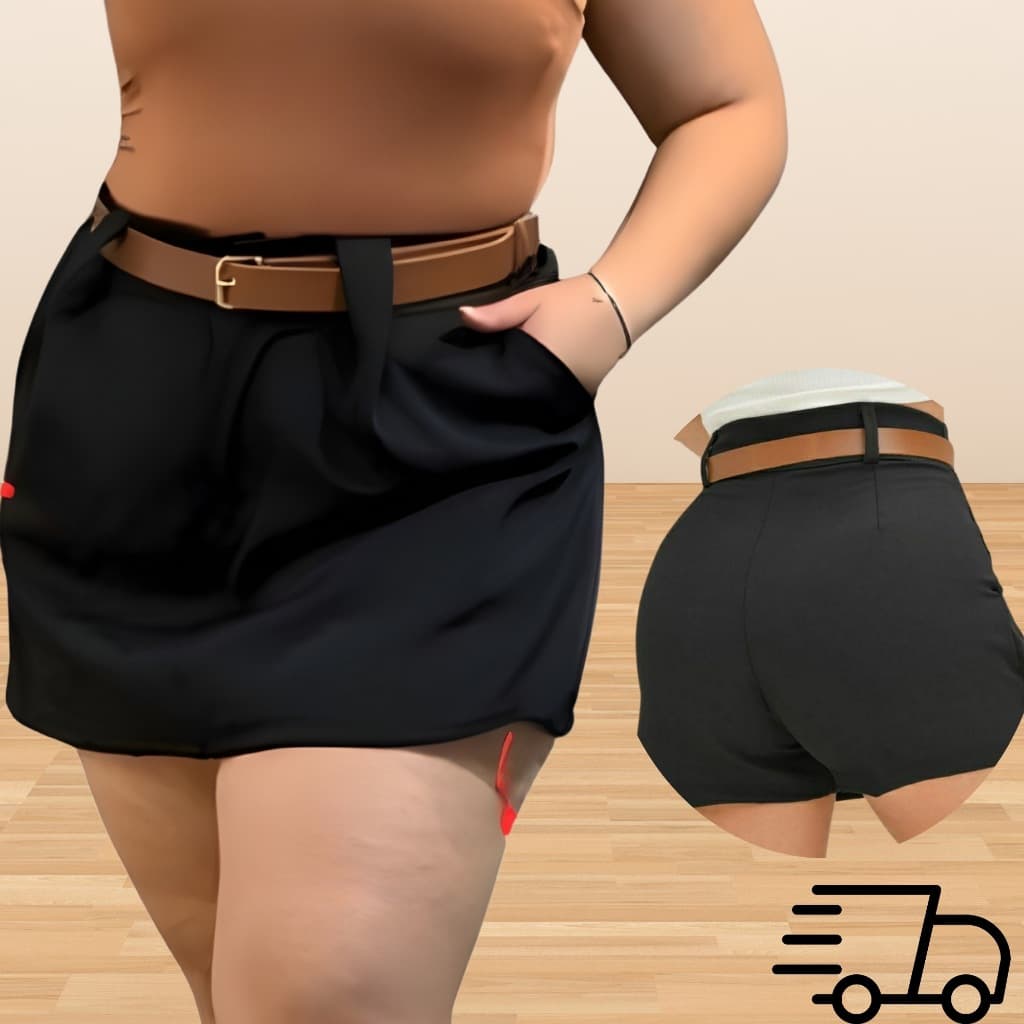Short Saia Feminina Preto Com Cinto Plus - Para Você Se Sentir Bem