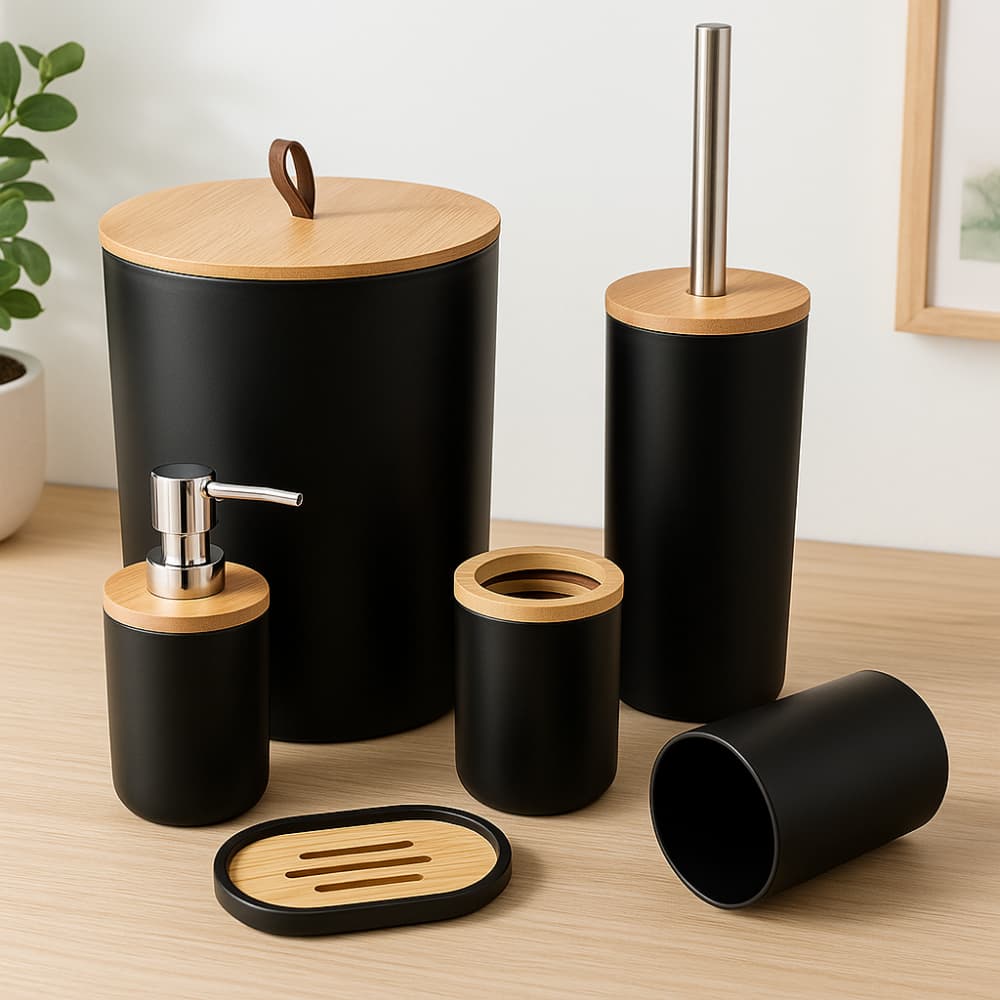 Kit de Banheiro Completo com 6,4 ou 2 Peças - Lixeira com Tampa puxador couro Bambu para Lavabo