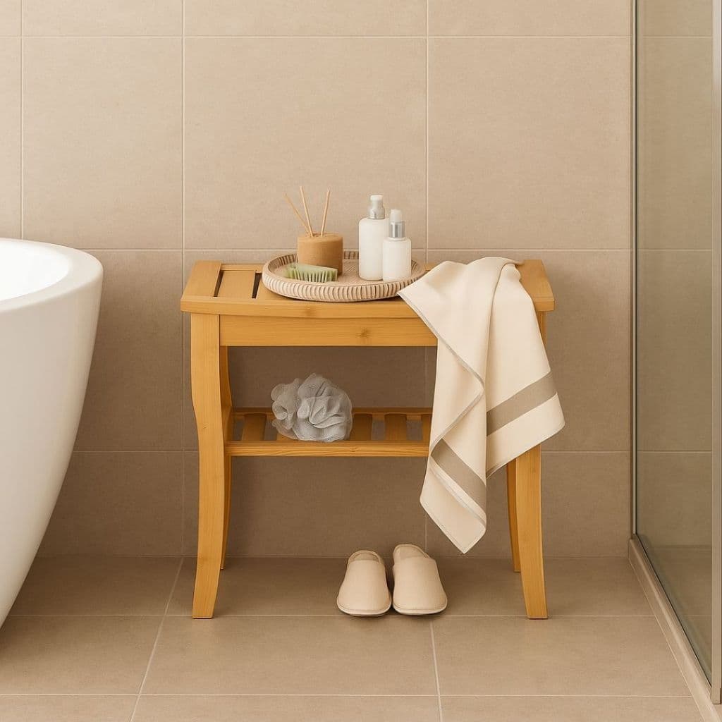 Banquinho p/ Chuveiro de Bambu 48x43cm com Prateleira de Armazenamento, Banheiro Antiderrapante