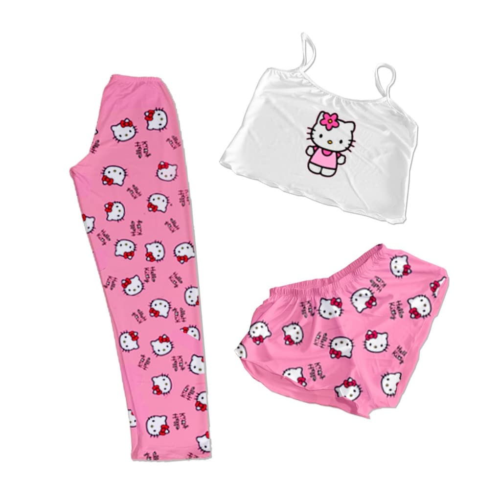 CONJUNTO PIJAMA 3 PEÇAS CALÇA SHORT E CROPPED PERSONAGENS PINK